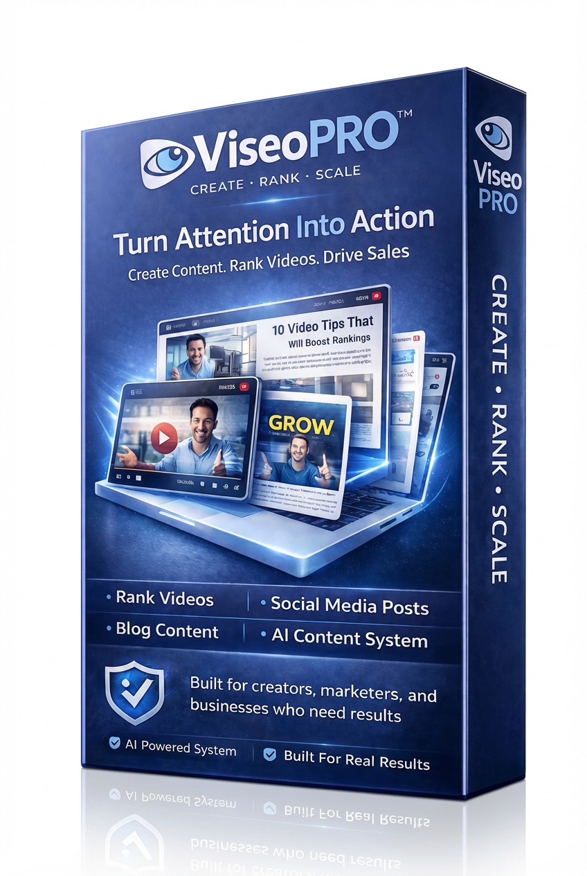 ViseoPRO video SEO system product box showing AI content creation, social media posting, and lead generation tools